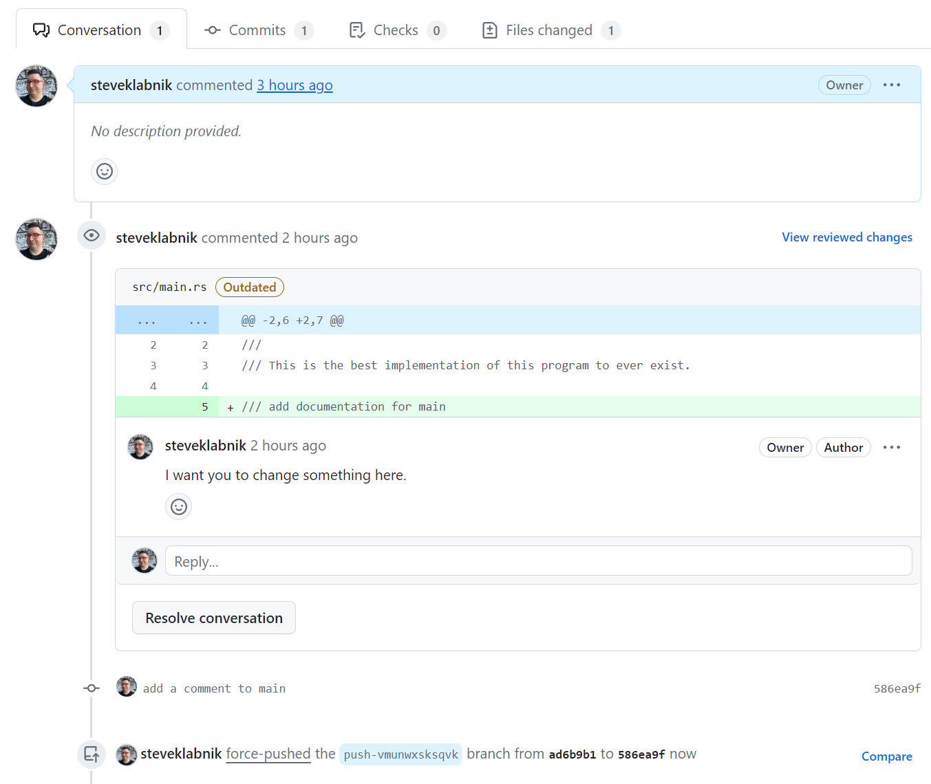 a screenshot of github showing that our branch was force pushed
