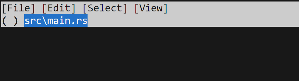 the tui, with file, edit, select, and view menus, and showing a line with src/main.rs