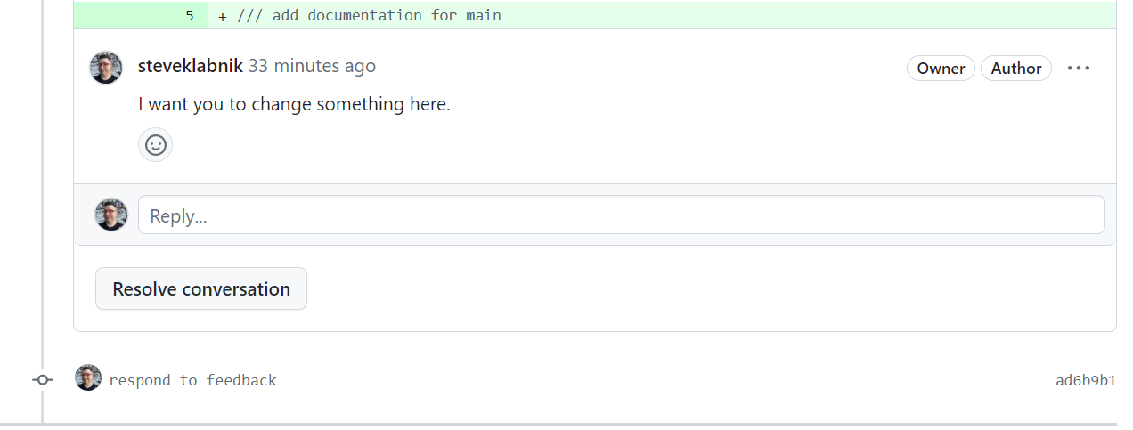 a screenshot of github, showing the new commit below our review