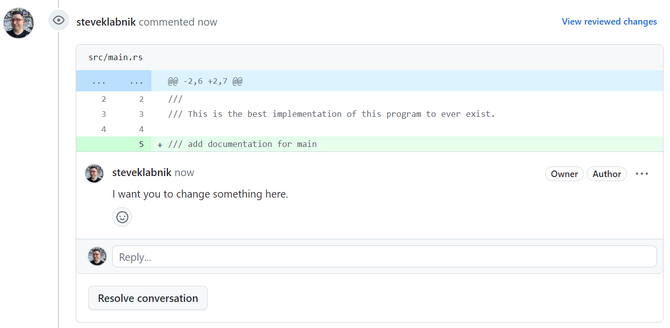 a screenshot of me commenting on my github PR